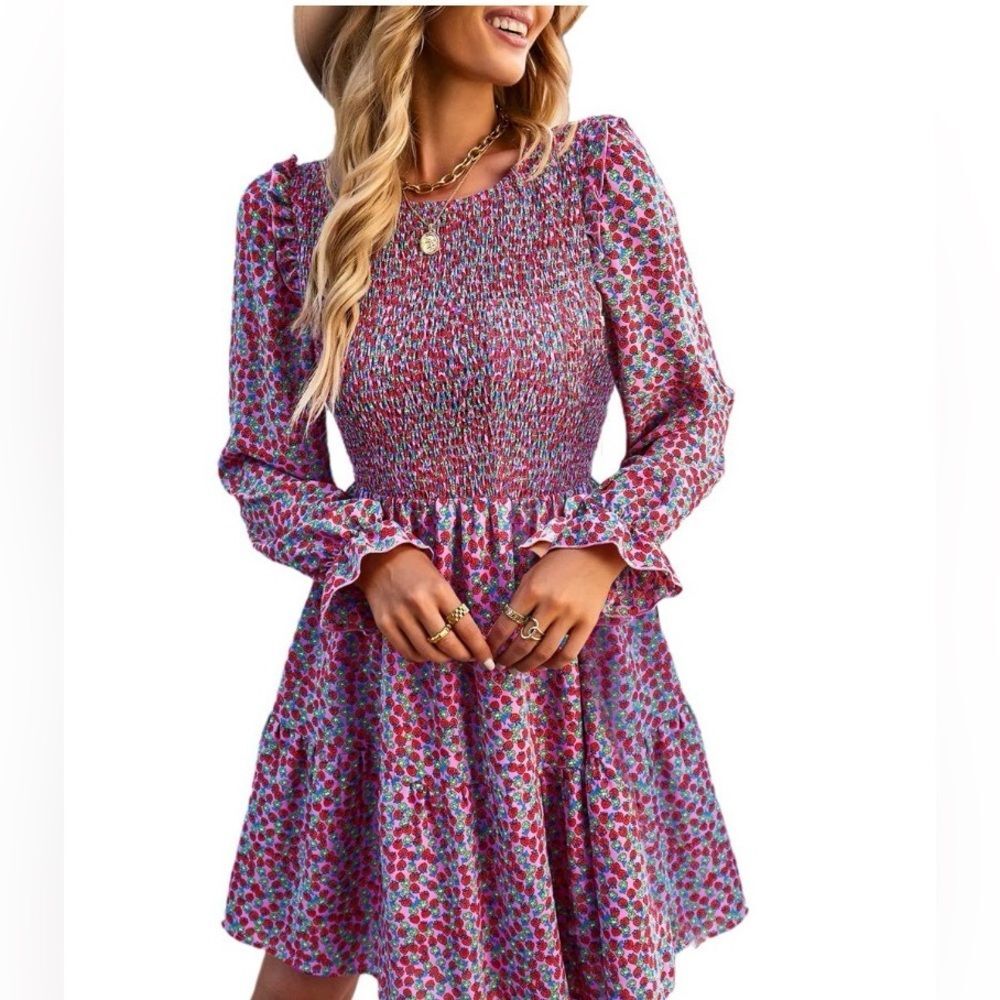 Goodnight Macaroon Pink strawberry print Long Sleeve smocked Dress size small